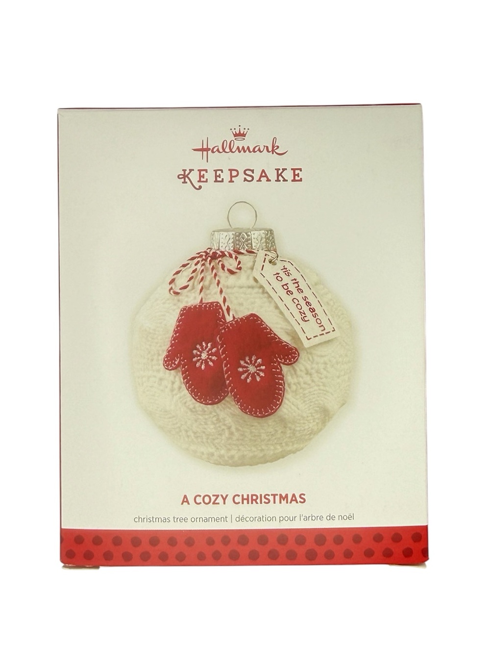 2013 Hallmark Keepsake Ornament a Cozy Christmas Mittens Cable Knit Ceramic Ball